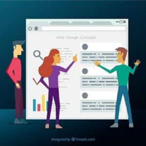 Two people analyzing a web design concept with a focus on Google Algorithm.