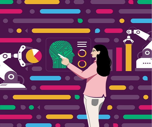 How to Leverage Slack for Business Growth 1 a woman is pointing to a robot in front of a colorful background during a slack conversation.