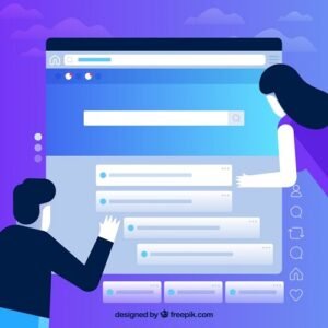 Two people browsing a web page on a purple background using Google AI.