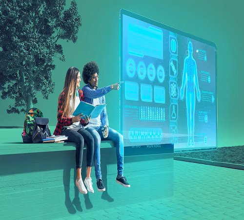 Two students utilizing ChatGPT while seated on a bench.