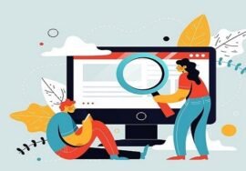 People using AI to generate change in journalism while looking at a computer screen with a magnifying glass.